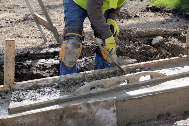 Worker smoothing wet concrete into timber formwork for a garden base