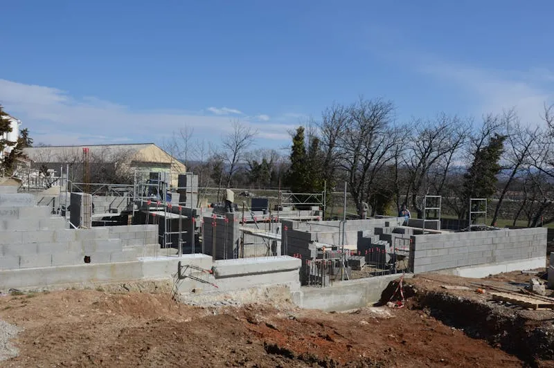 Stacked concrete blocks forming a wall on a UK construction site