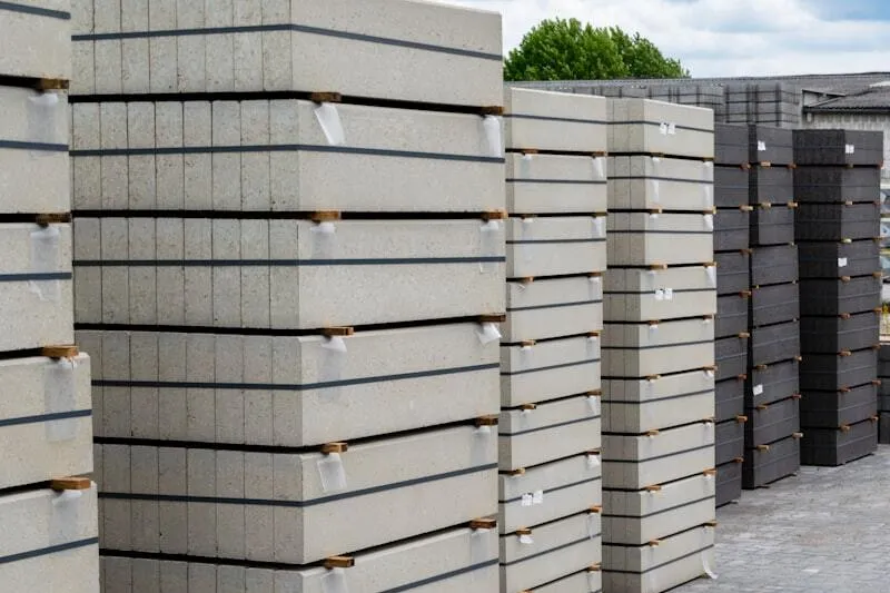 Stacked precast concrete paving slabs at a UK builders merchant yard